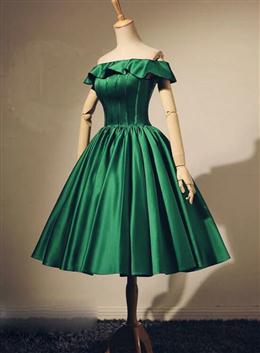 Picture of Lovely Green Satin Off Shoulder Knee Length Homecoming Dresses, Short Prom Dresses